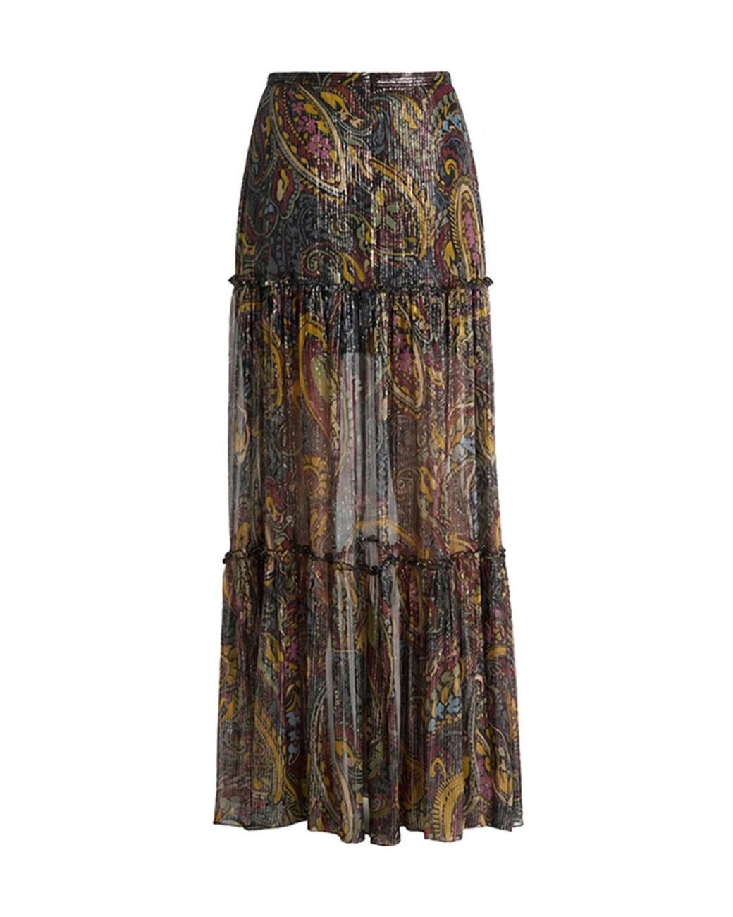 Etro Brown Silk Maxi Skirt With Striped Floral Paisley Motif