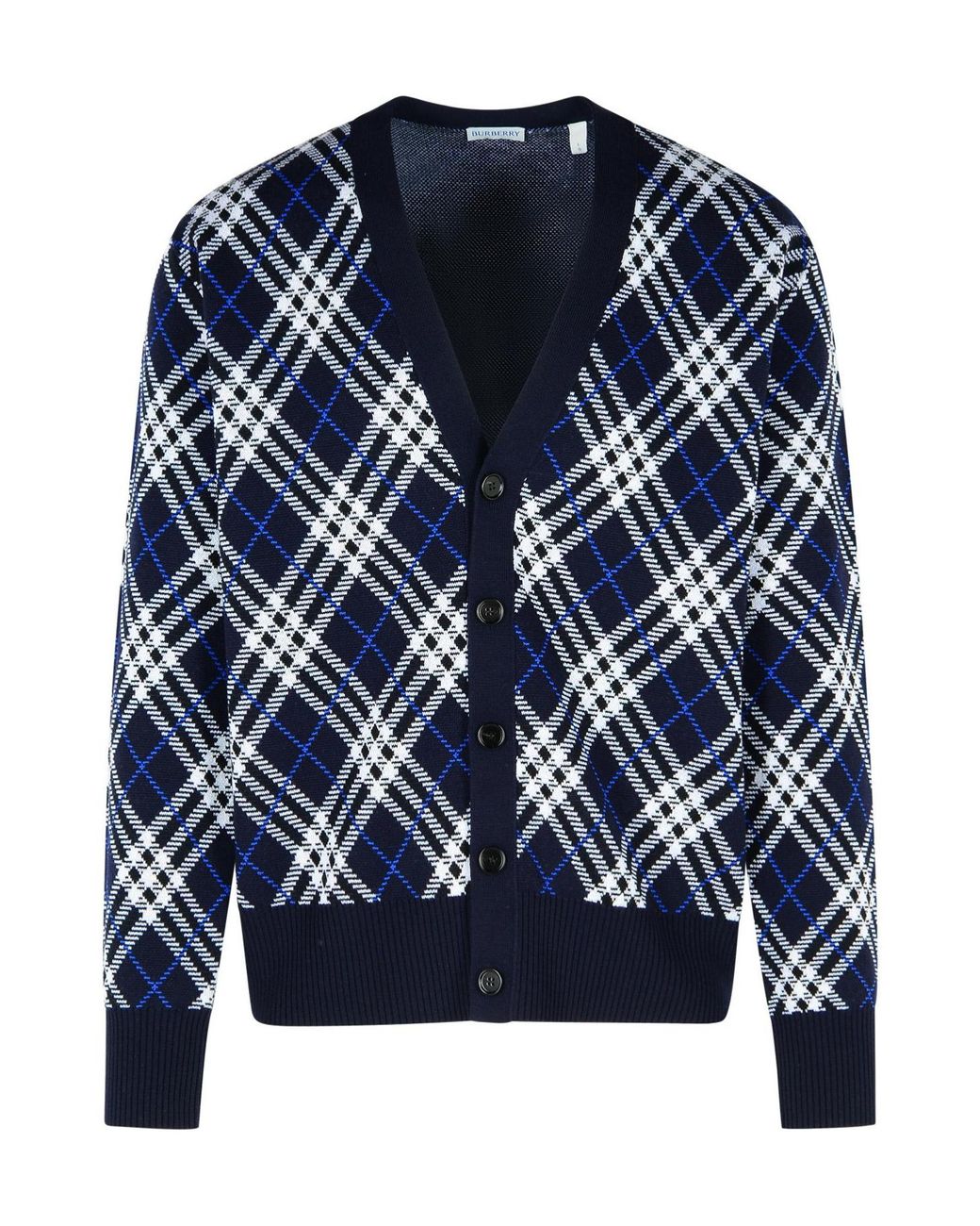 Burberry Blue Checked V-Neck Cardigan for men