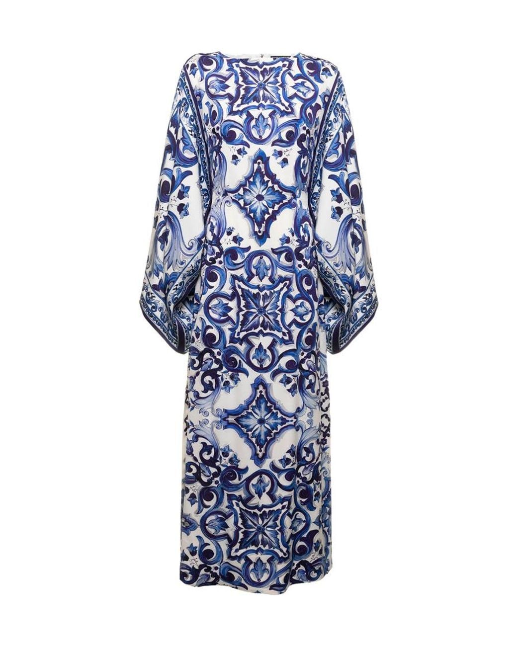 Dolce & Gabbana Blue Majolica Print Wide Sleeves Dress