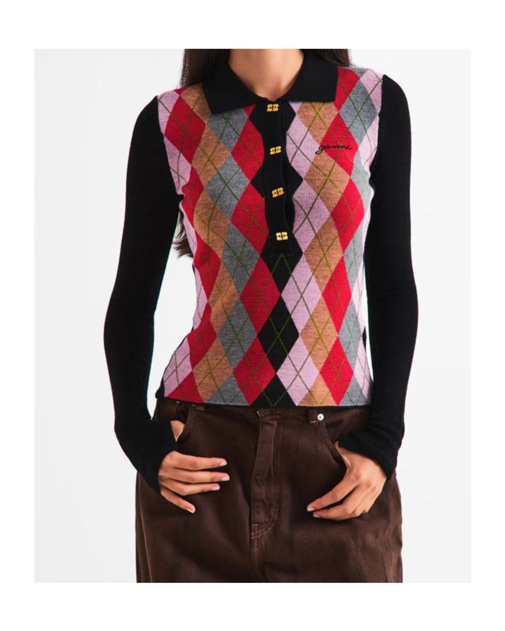 Ganni Red Plaid Long-Sleeved Top