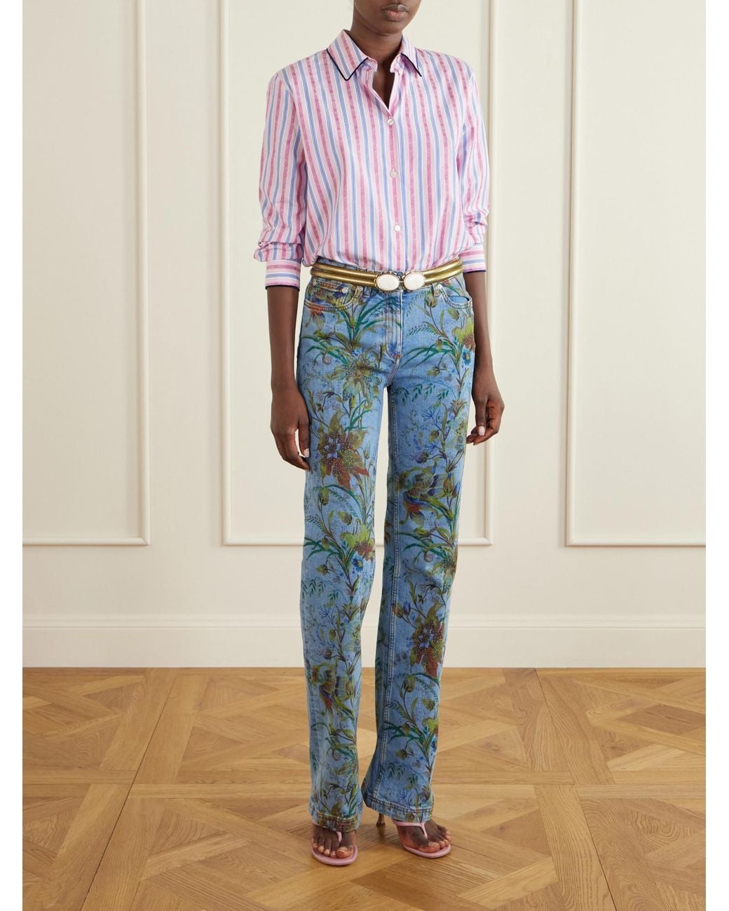 Etro Blue Floral-Print Straight-Leg Jeans