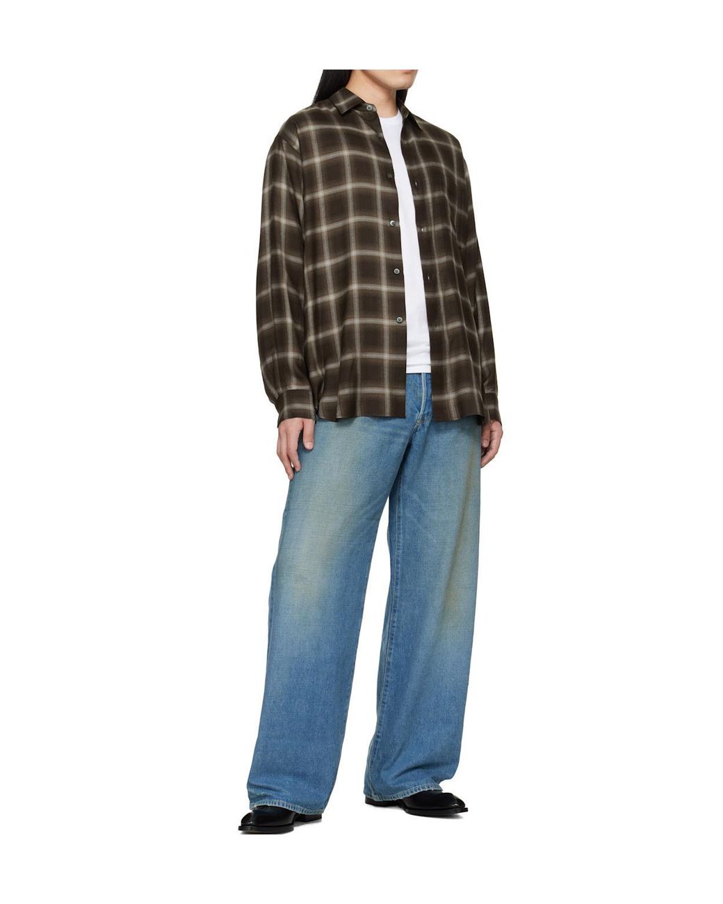 Ssstein Brown Plaid Loose Long Sleeve Shirt for men