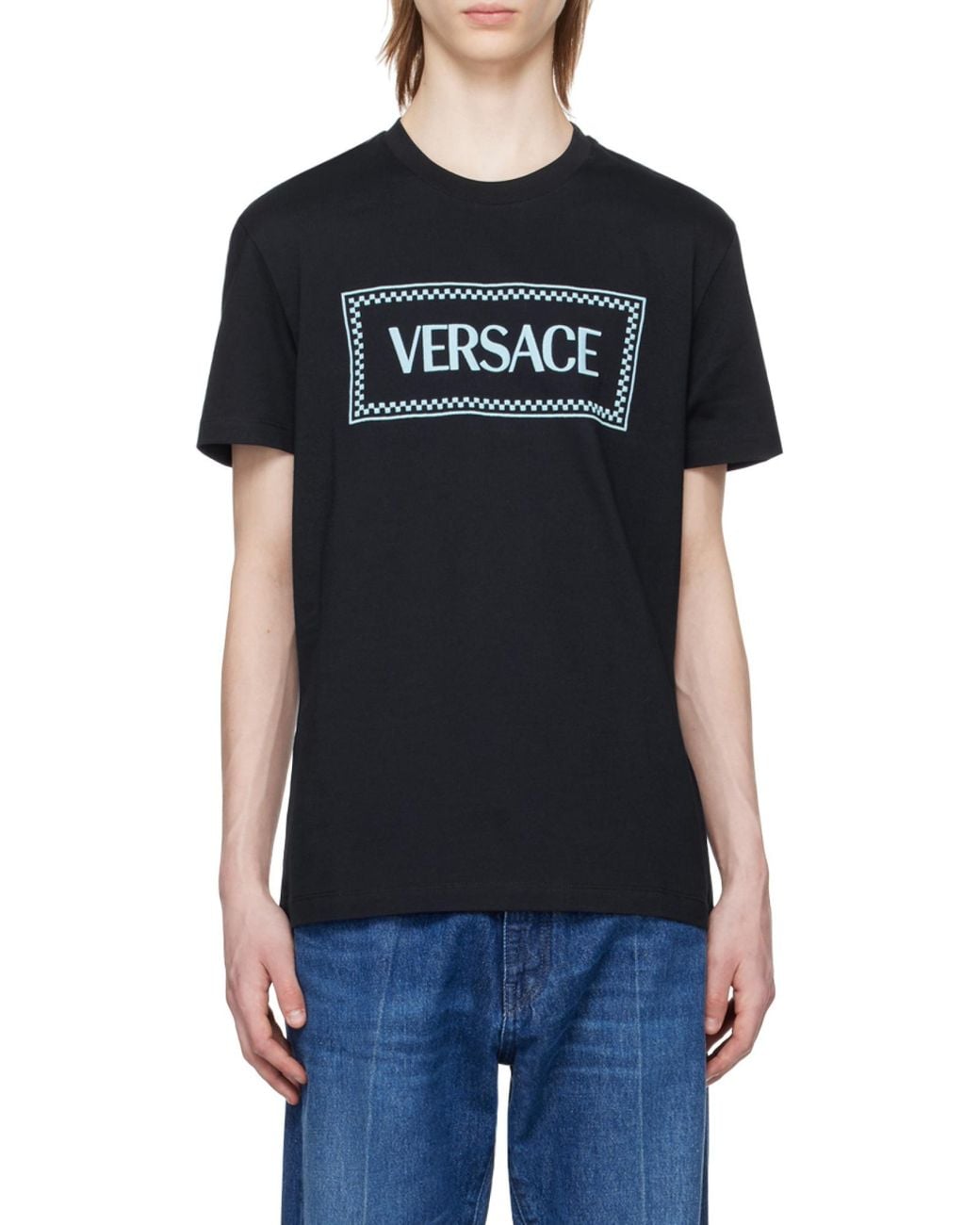 Versace Blue Logo Printed Crewneck T-Shirt for men