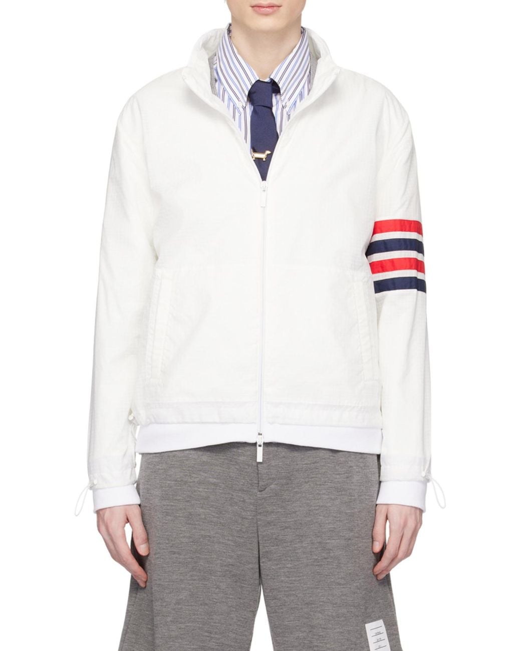 Thom Browne White Bar Striped Zipped Ripstop Jacket for men