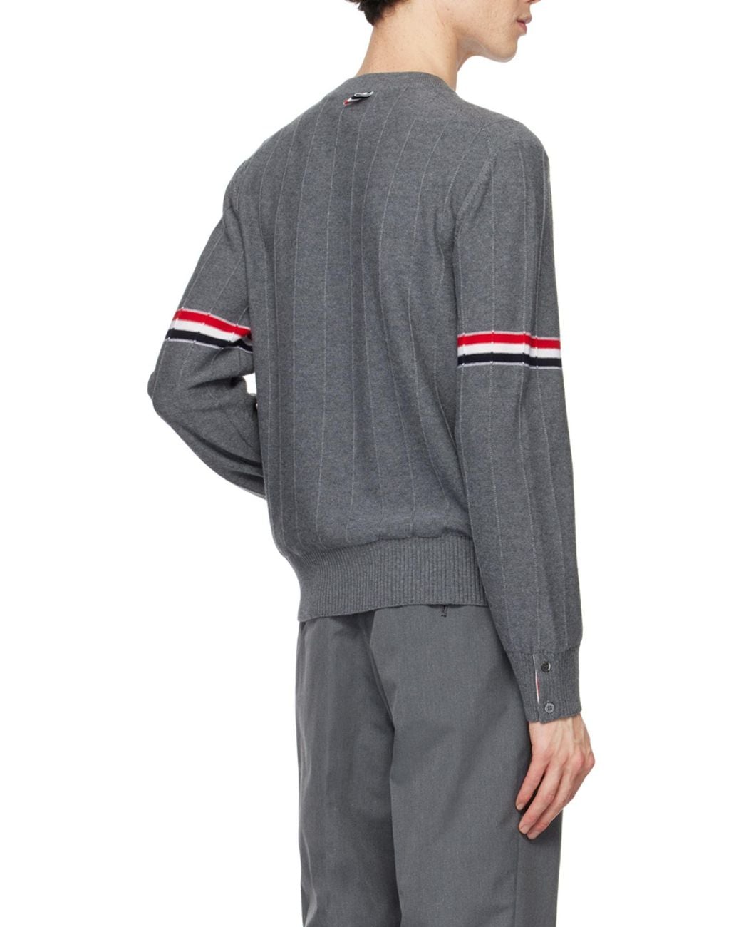 Thom Browne Gray Rwb-Stripe Long-Sleeved Crewneck Jumper for men