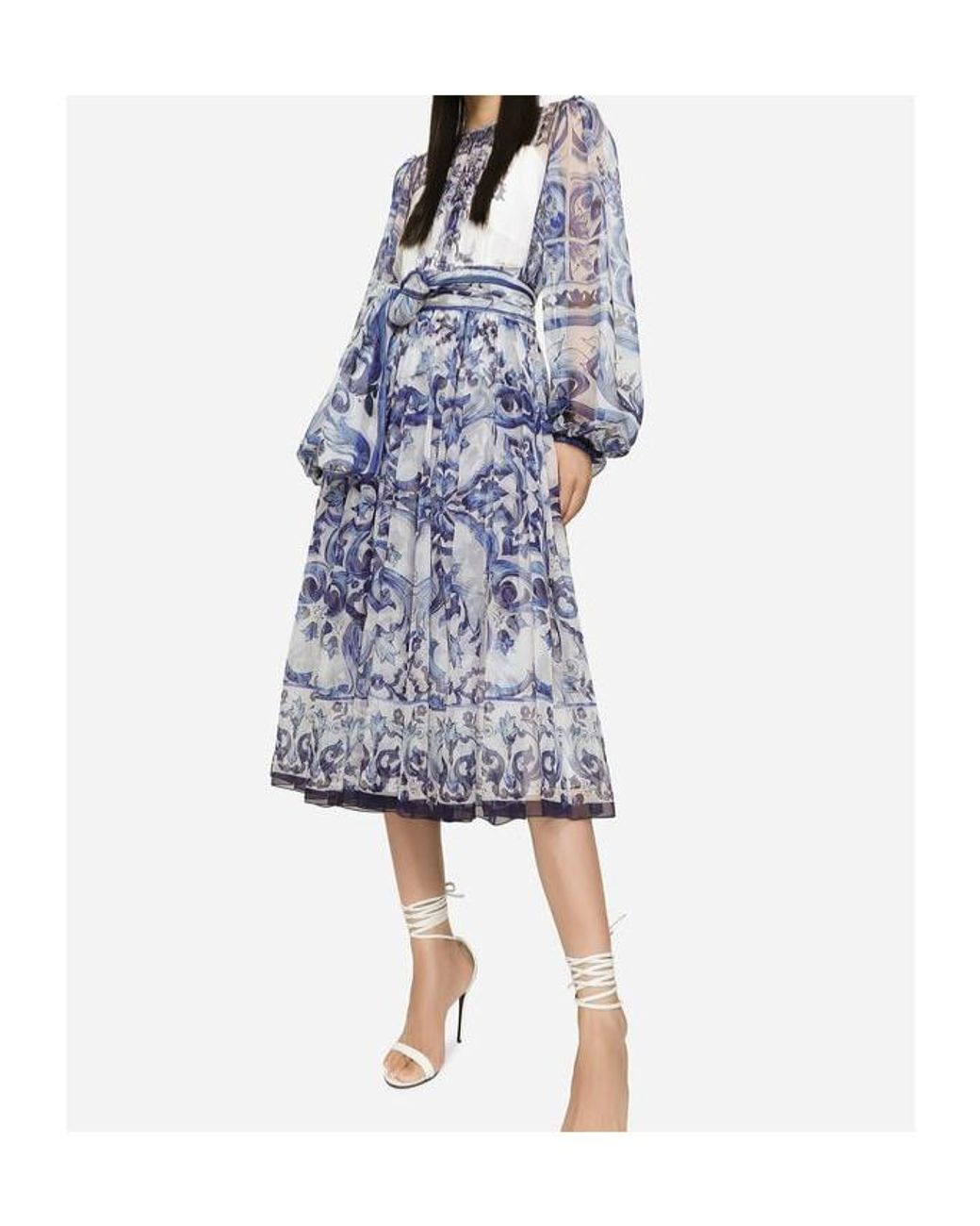 Dolce & Gabbana Blue Majolica Printed Mid-Length Dress
