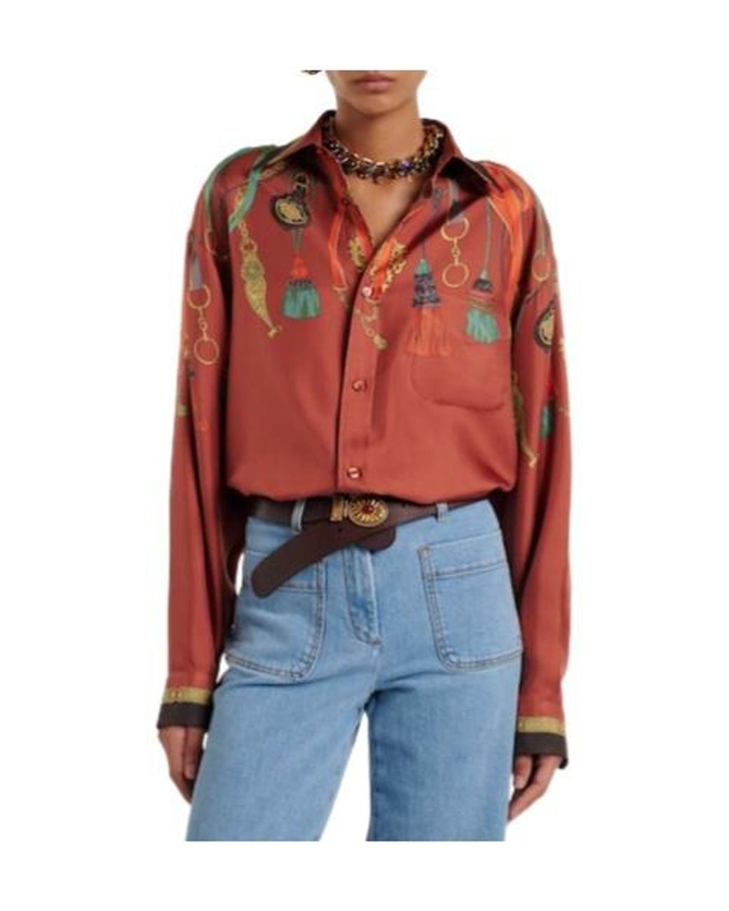 Etro Red Printed Silk Satin Shirt
