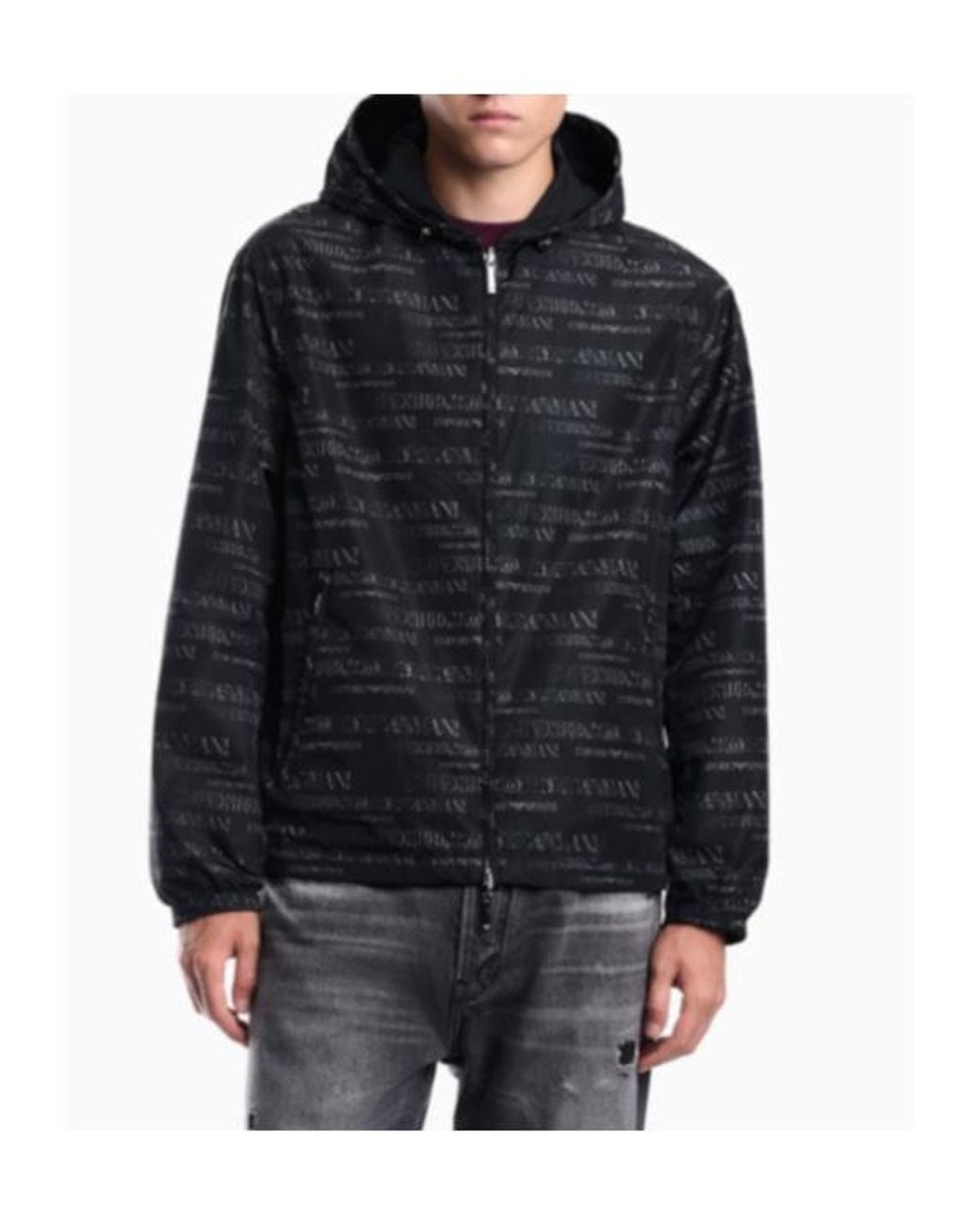 Emporio Armani Blue Hooded Blouson Jacket With A Zip And An All-Over Print for men