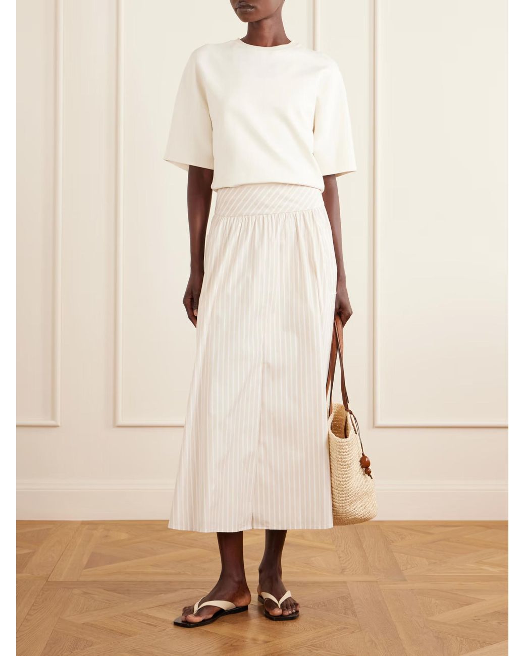 Theory White Striped Midi Skirt
