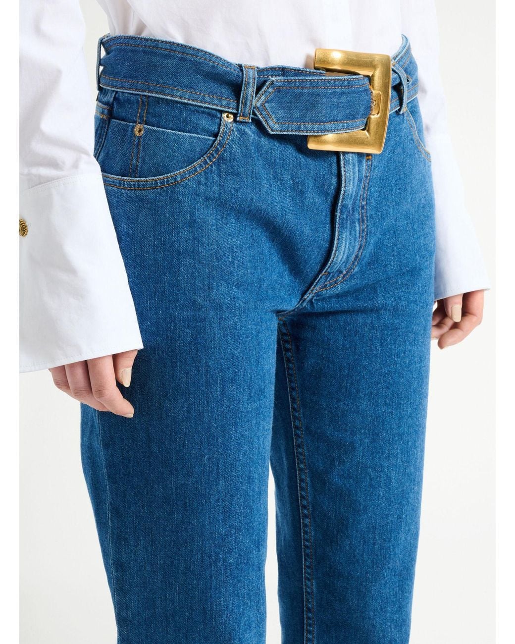 Balmain Blue Belted Mid-Rise Slim Jeans
