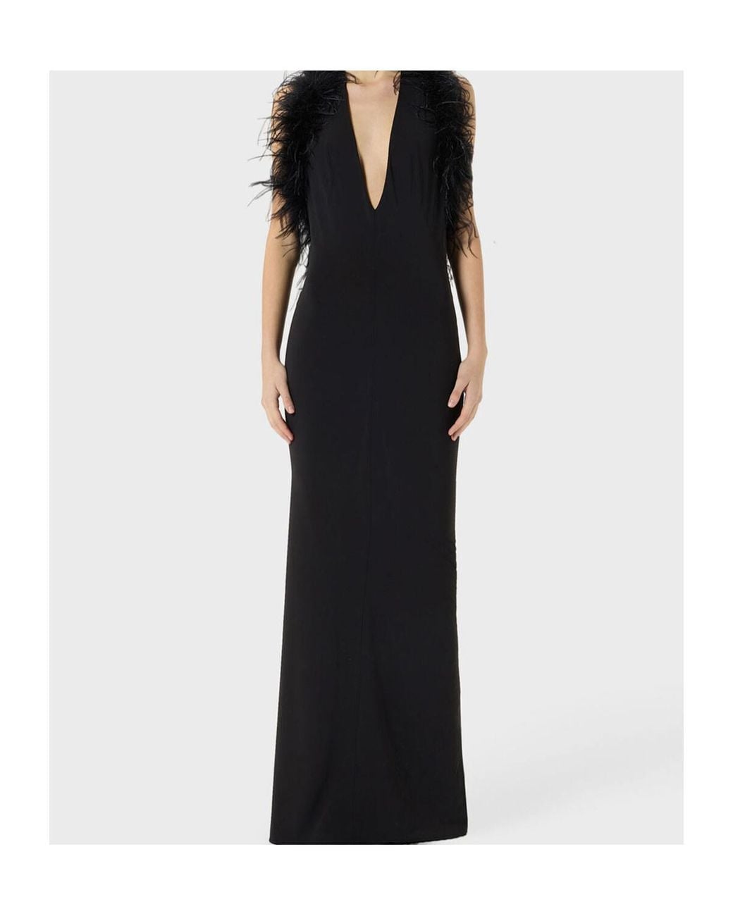 Blumarine Black Long Jersey Dress With Deep Neckline And Marabou Details