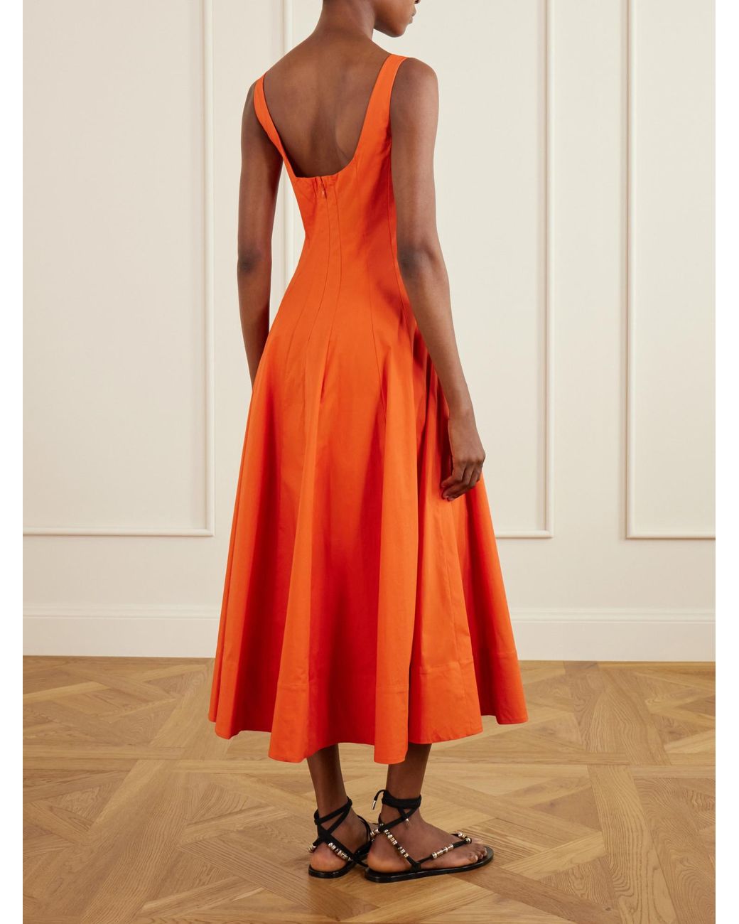 Staud Orange Square Neck Midi Dress