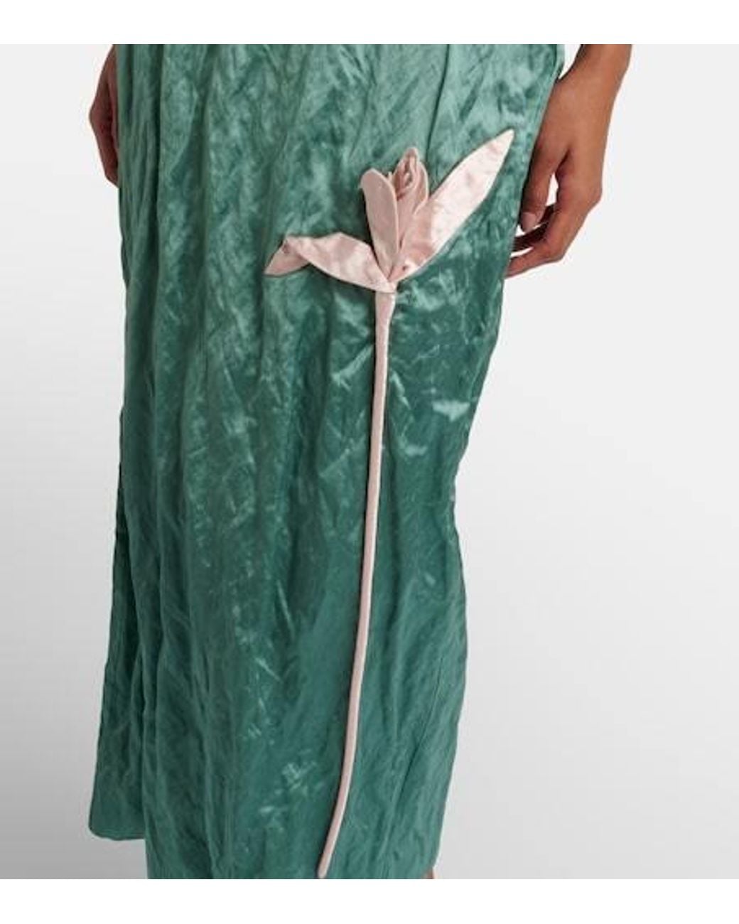 Erdem Green Floral-Appliqué Satin Midi Dress