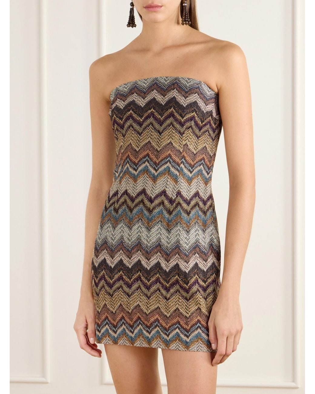Missoni Brown Striped Metallic Crochet-Knit Mini Dress
