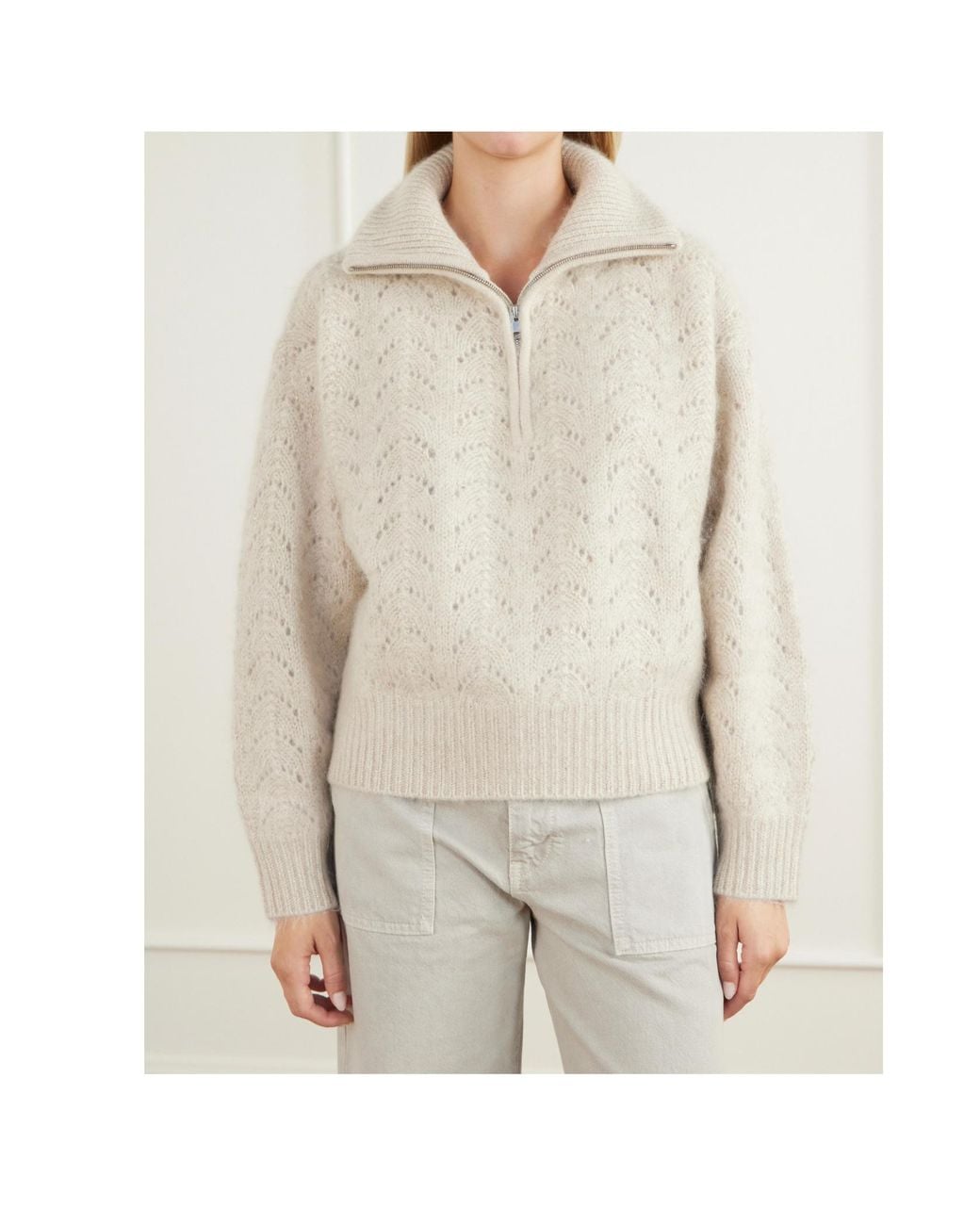 FRAME White Ribbed-Knit Zip-Up Sweater