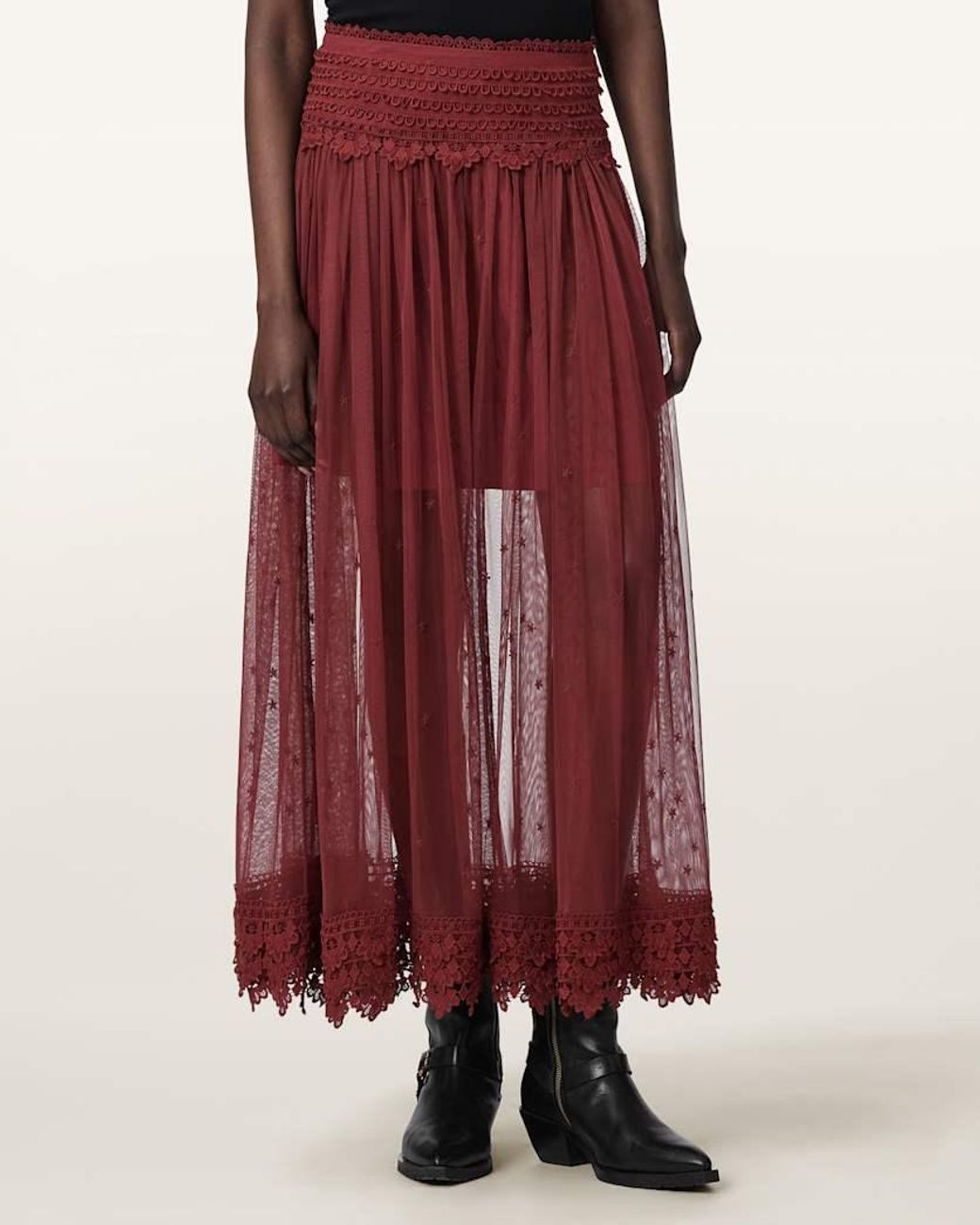 AllSaints Red Trixie Lace Trim Midi Skirt