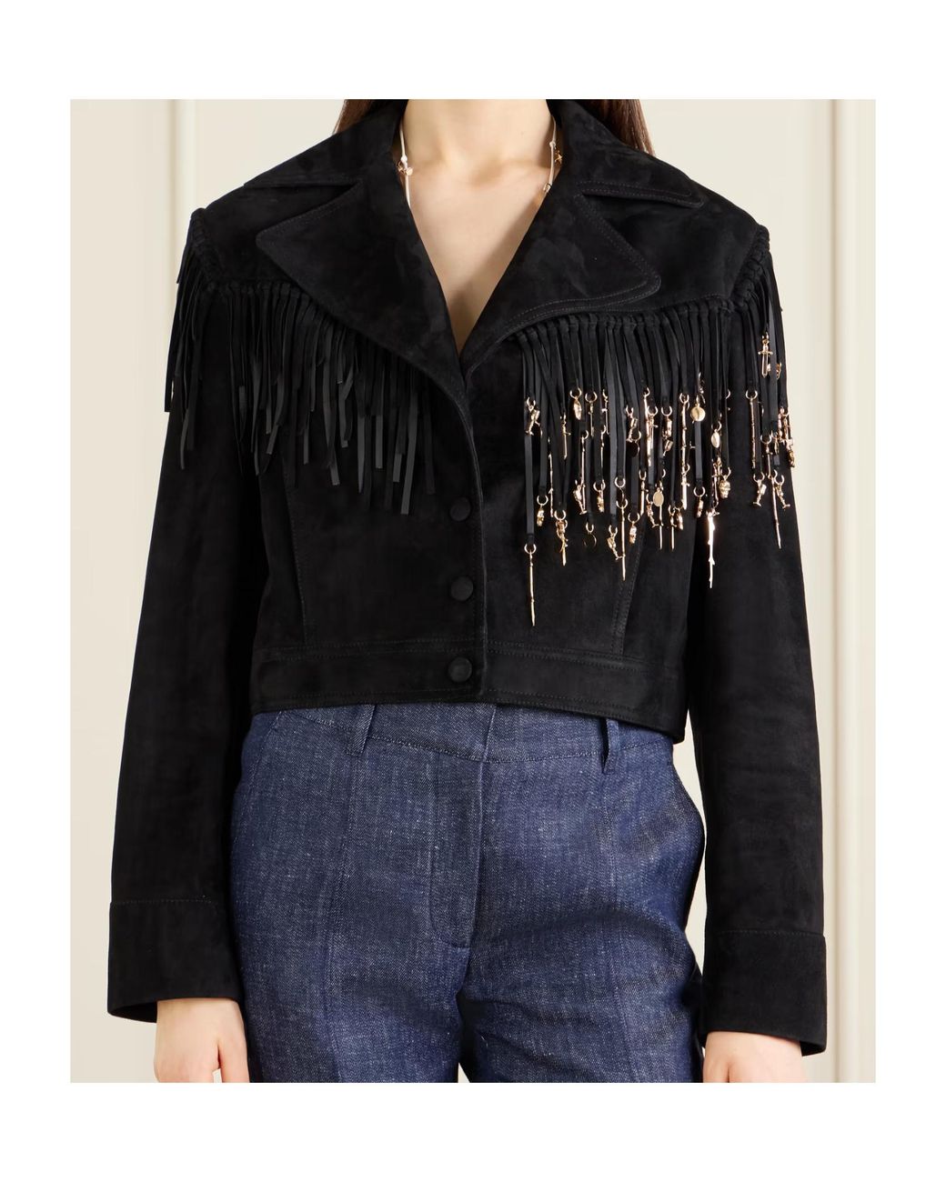 Gabriela Hearst Black Azra Fringed Leather-Trimmed Embellished Suede Jacket