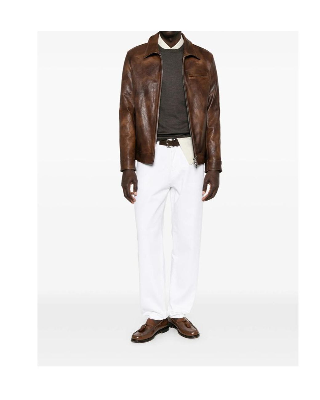 Dondup Brown Lapel-Collar Zip-Up Leather Jacket for men