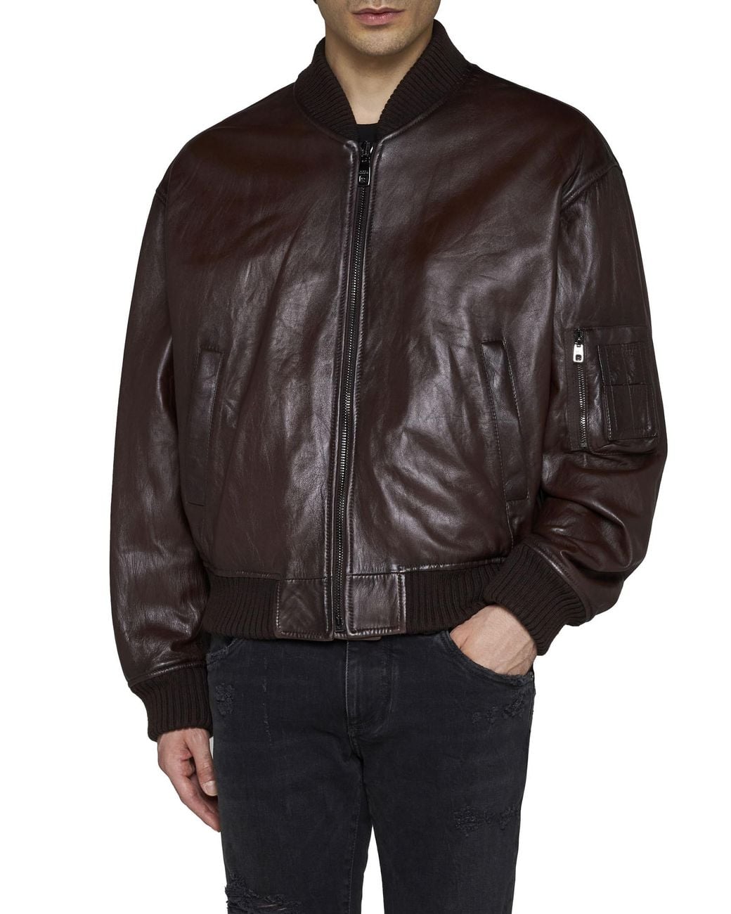 Dolce & Gabbana Brown Zipped Leather Bomber Jacket for men