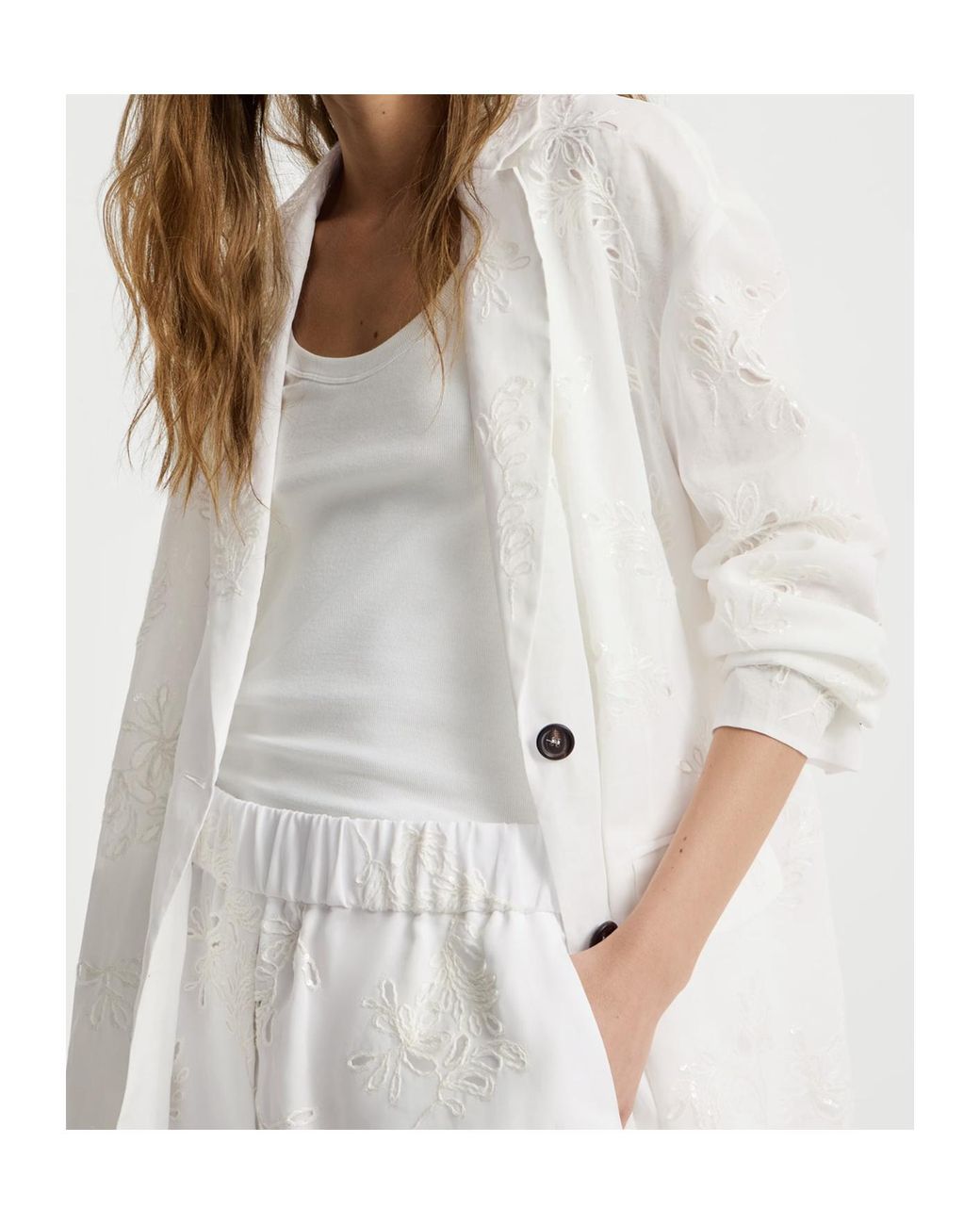 Brunello Cucinelli White Cotton Organza Blazer With Dazzling Broderie Anglaise With Monili