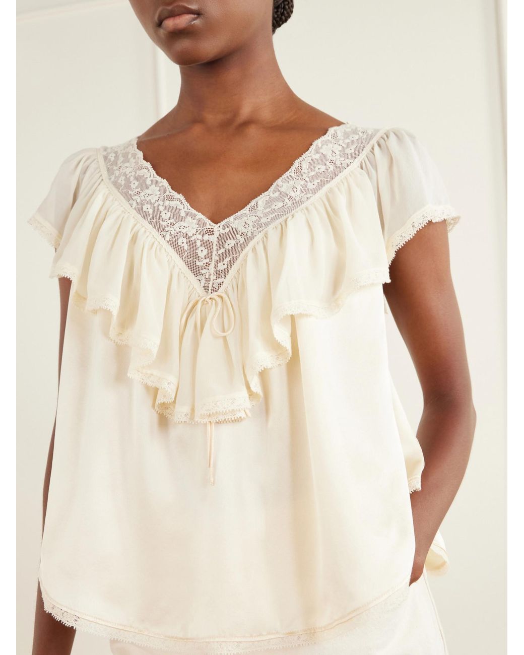 Doen White Ruffled Lace-Trimmed Silk Blouse