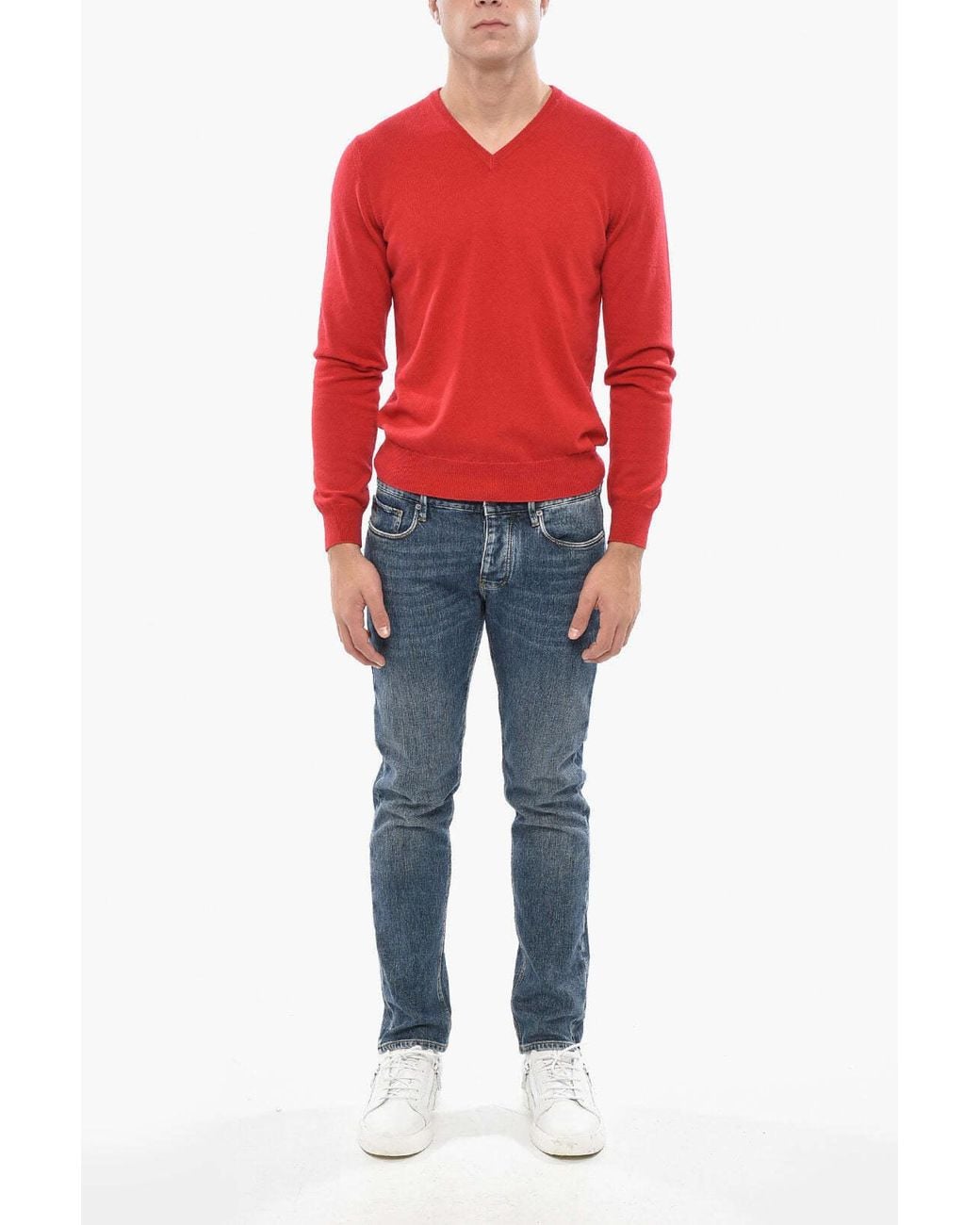 Malo Red V-Neck Cashmere Fine-Knit Top for men