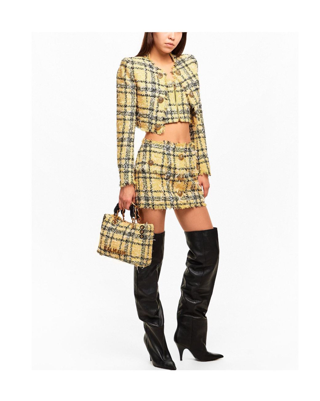 Balmain Metallic Check Tweed Cropped Jacket
