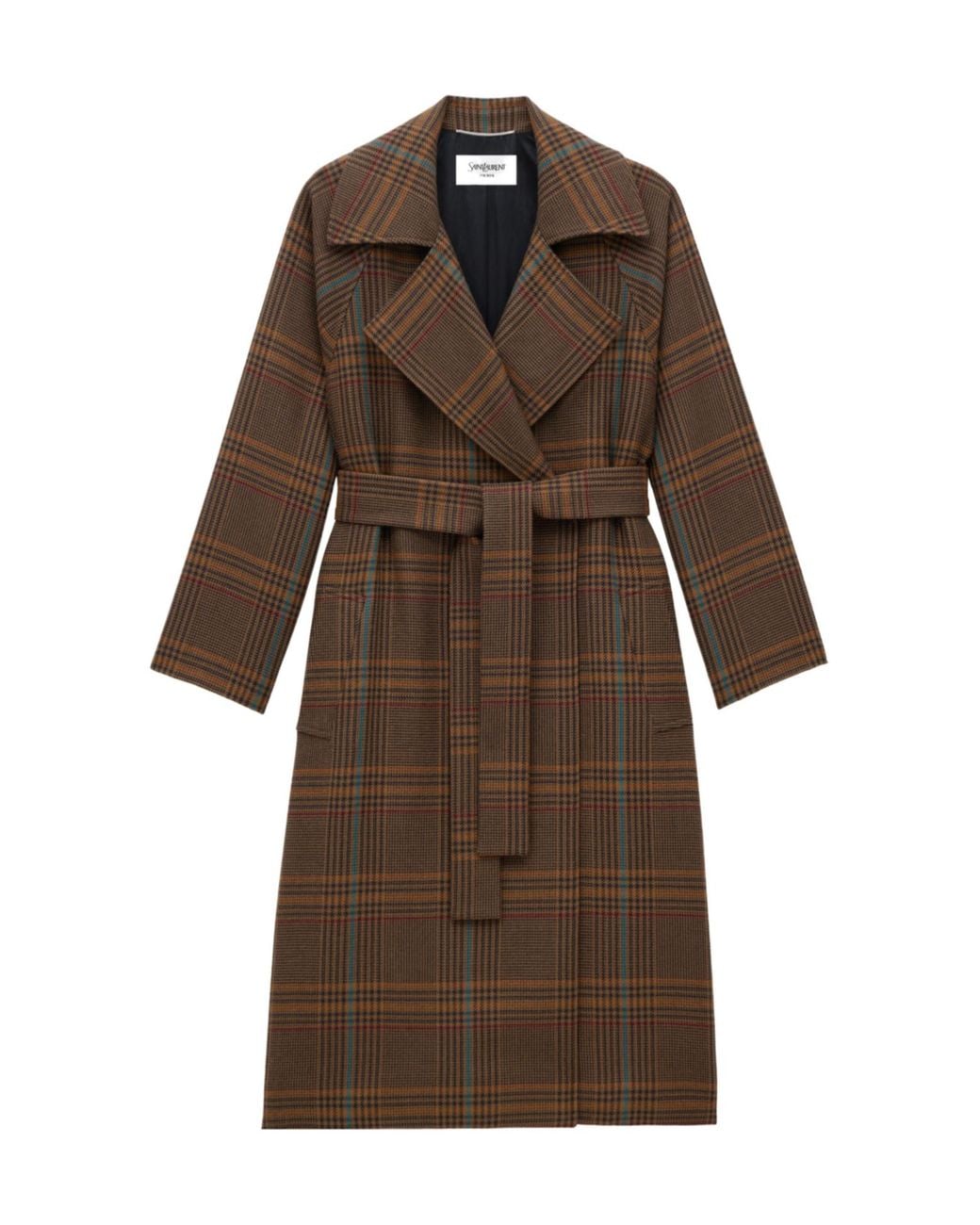 Saint Laurent Brown Checked Belted Long Coat for men