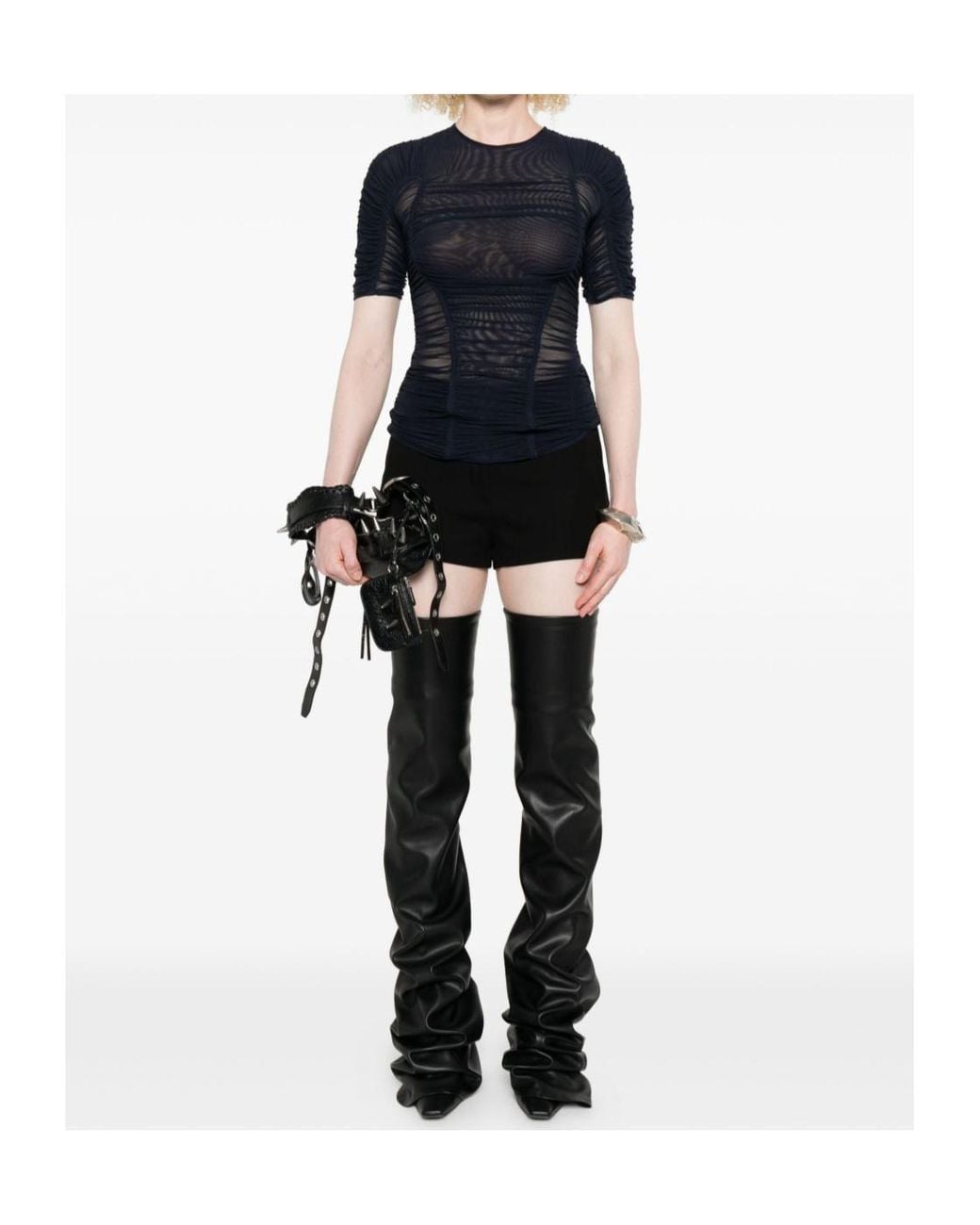 Mugler Black Mesh Short-Sleeves Top