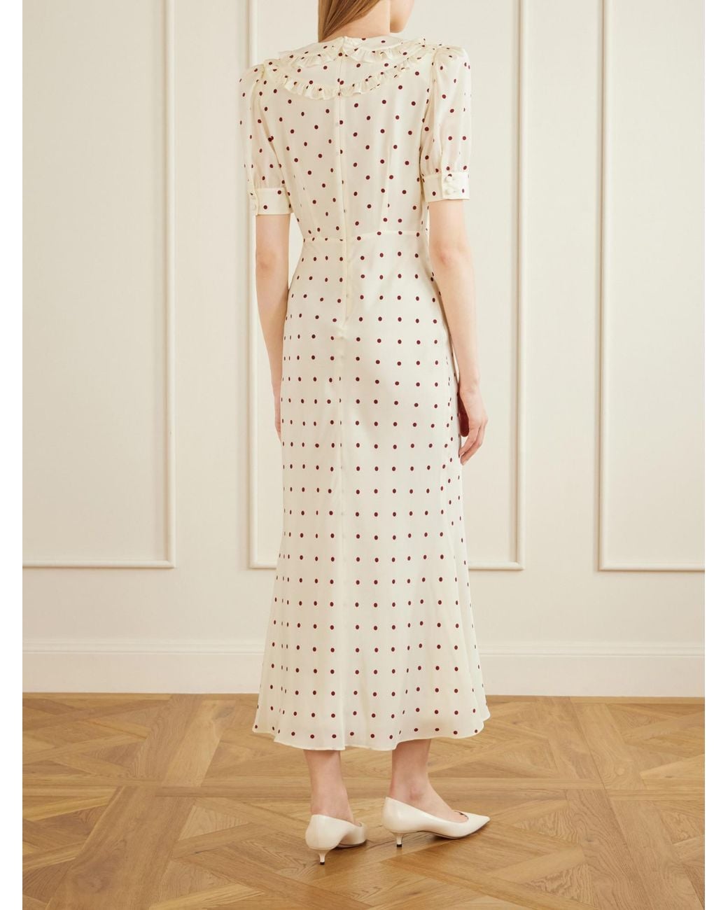 Alessandra Rich White Ruffled Polka-Dot Silk Midi Dress
