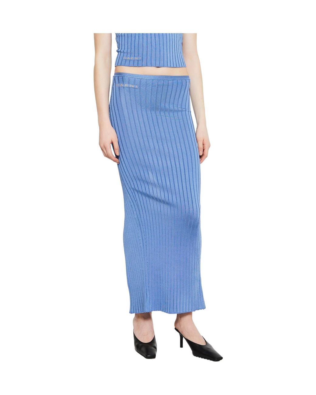 Marni Blue Logo Intarsia Ribbed-Knit Maxi Skirt