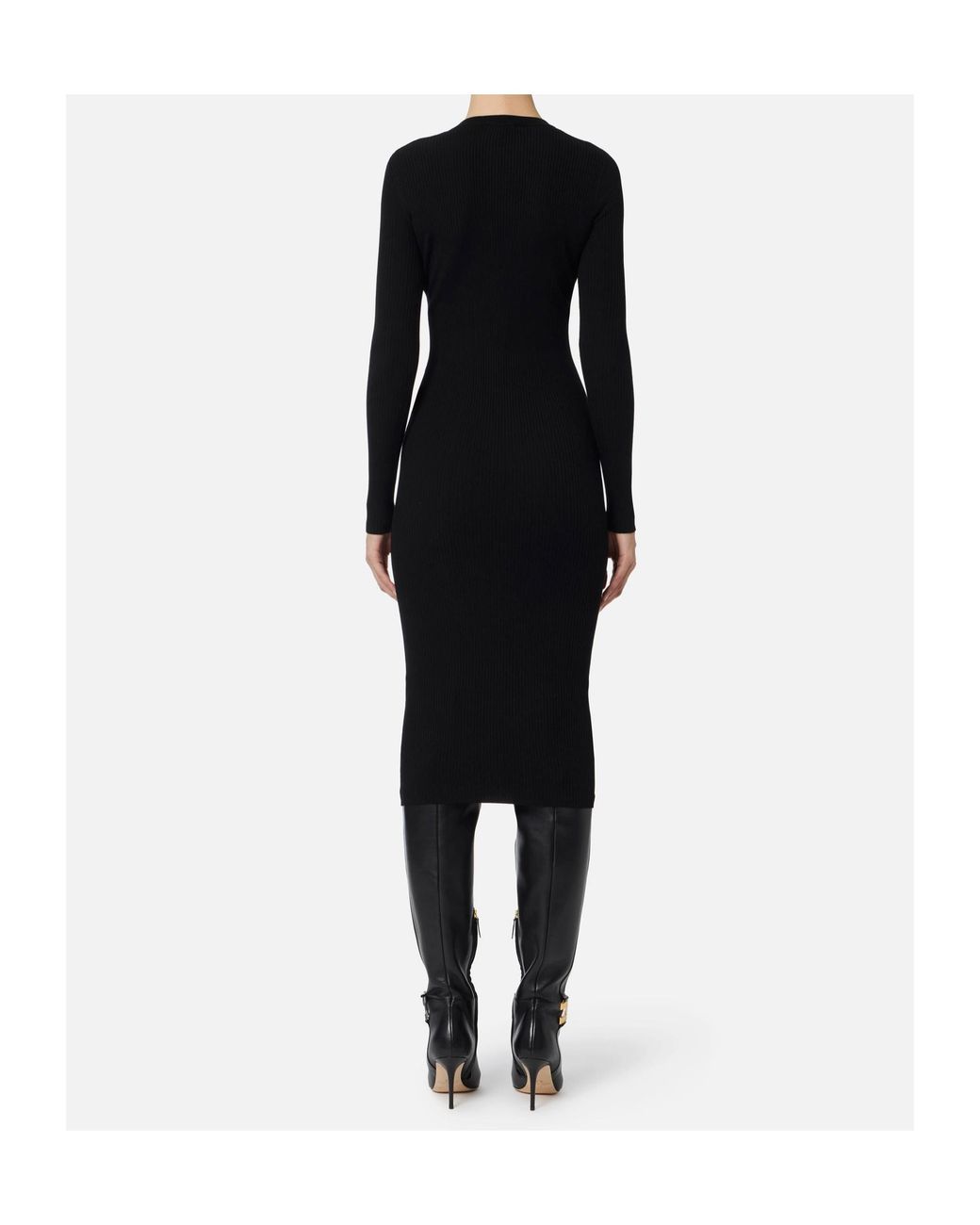 Elisabetta Franchi Black Long Sleeved V-Neck Ribbed Dress