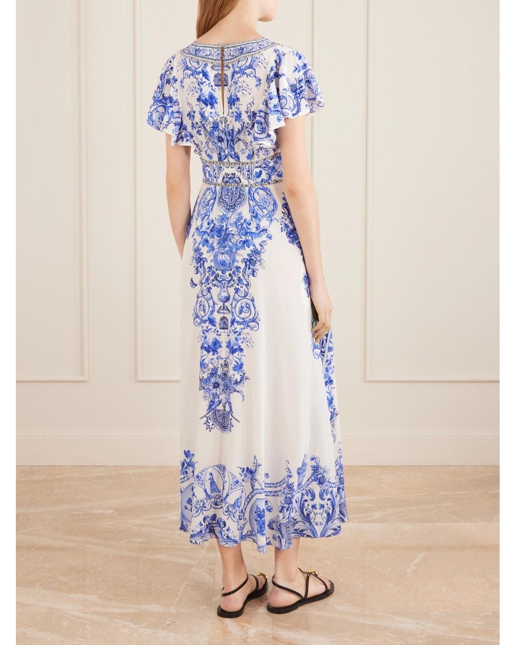 Camilla Blue Embellished Printed Ruffled Silk-Crepe Midi Dress