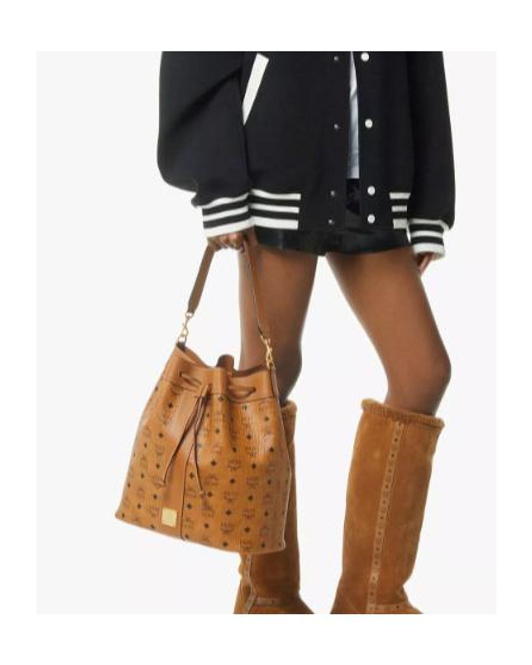 MCM Brown Monogram Drawstring Bucket Bag