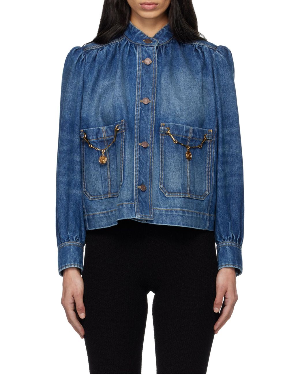 Chloé Blue Chloé High-Neck Gathered Denim Jacket