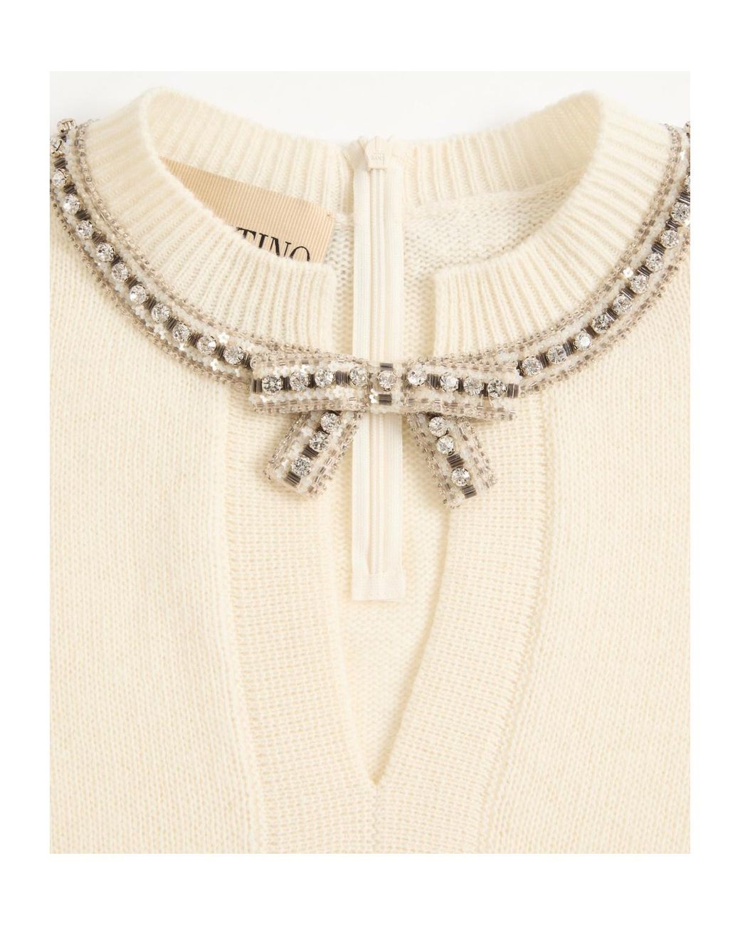 Valentino Natural Bow Embellished V-Neck Jumper