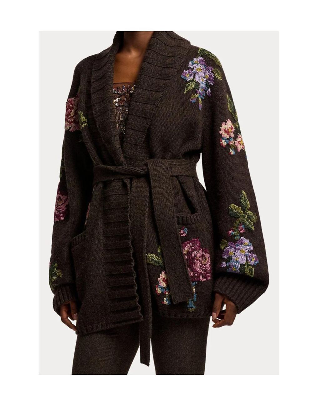 Ralph Lauren Black Floral Cashmere Shawl-Collar Cardigan