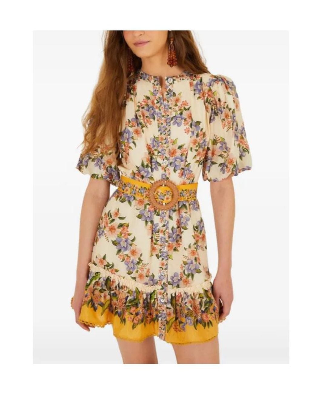 Farm Rio White Hilo Stripes Sand Floral Mini Dress