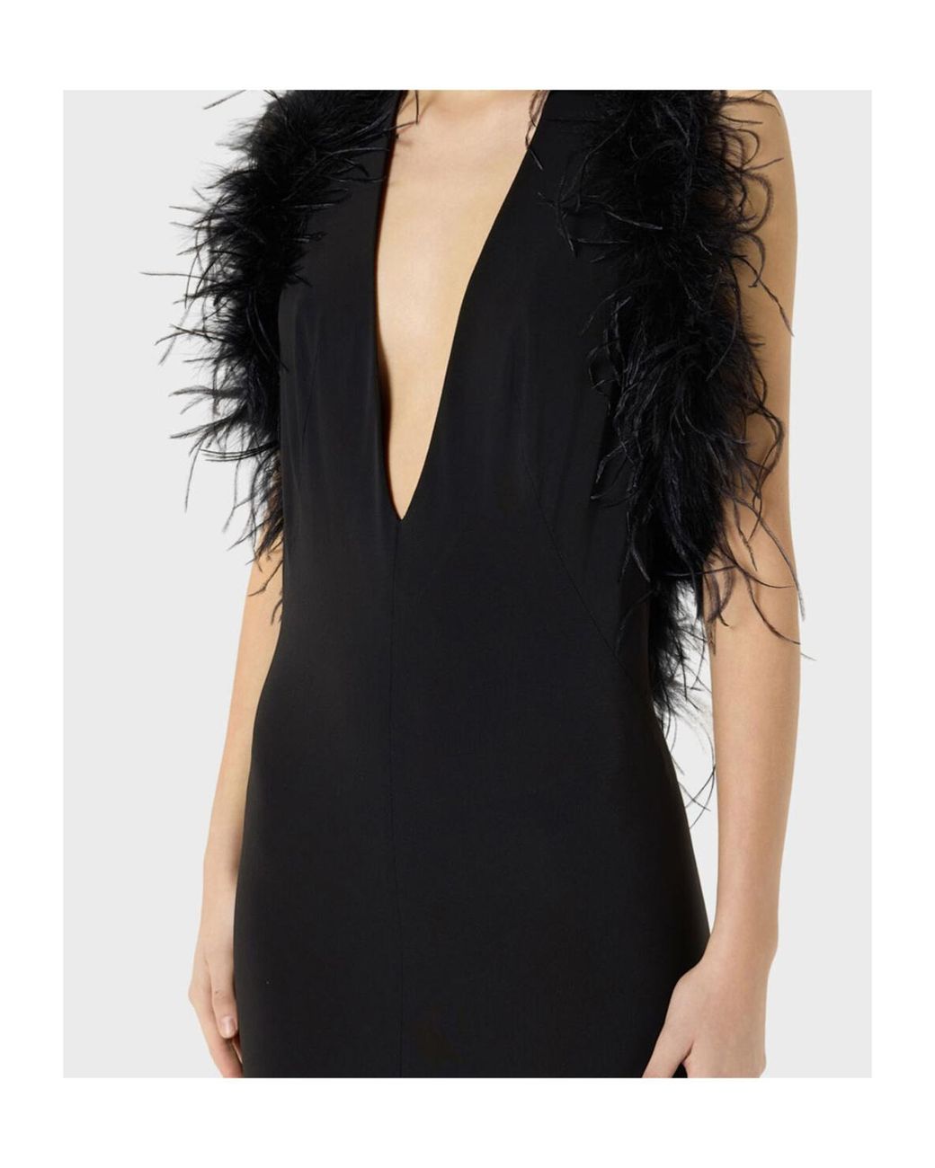 Blumarine Black Long Jersey Dress With Deep Neckline And Marabou Details