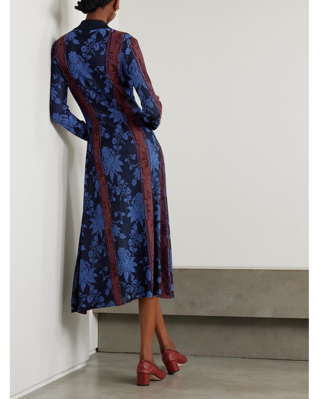Etro Blue Floral Jacquard-Knit Midi Shirt Dress