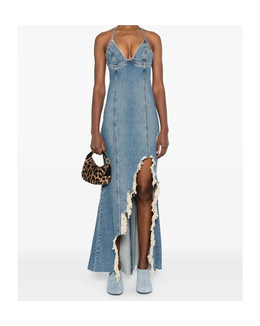 Blumarine Blue Halter-Neck Frayed-Hem Denim Dress