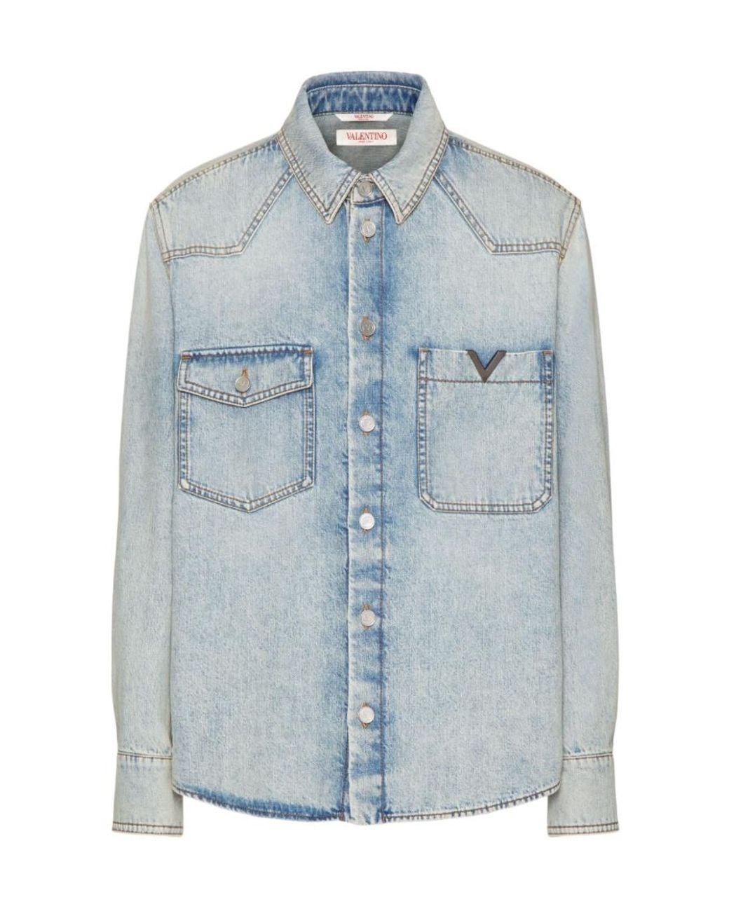 Valentino Blue Logo Plaque Long-Sleeved Denim Shirt for men