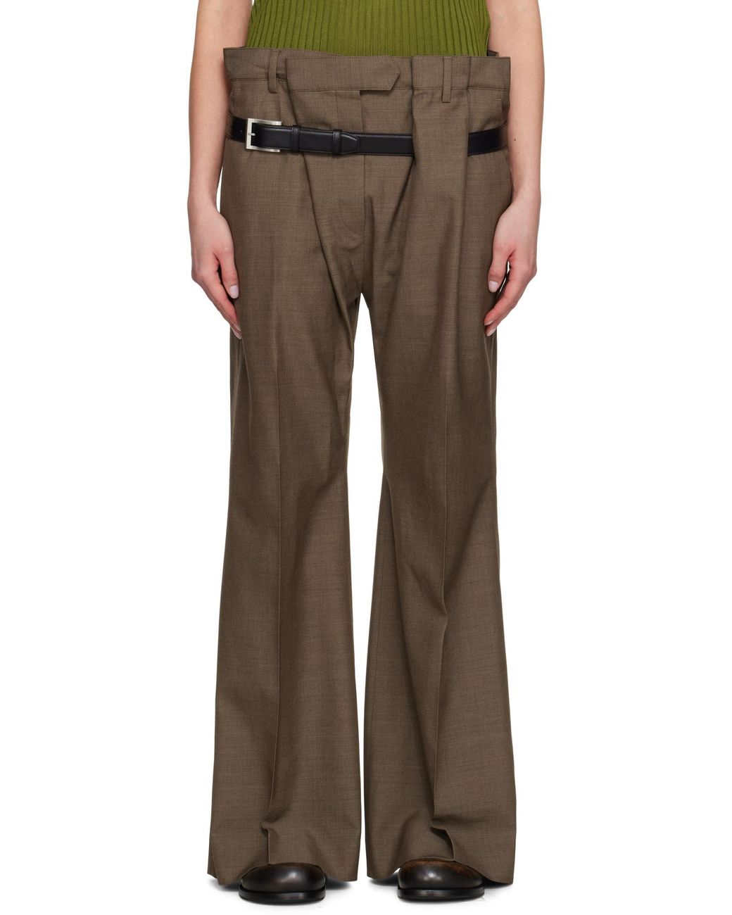 Acne Brown Belted Wool Wide-Leg Pants