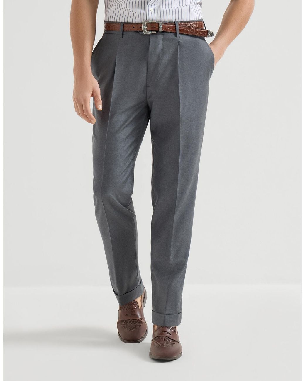 Brunello Cucinelli Gray Super 150S Virgin Wool Four Season Batavia Trousers With Pleat for men