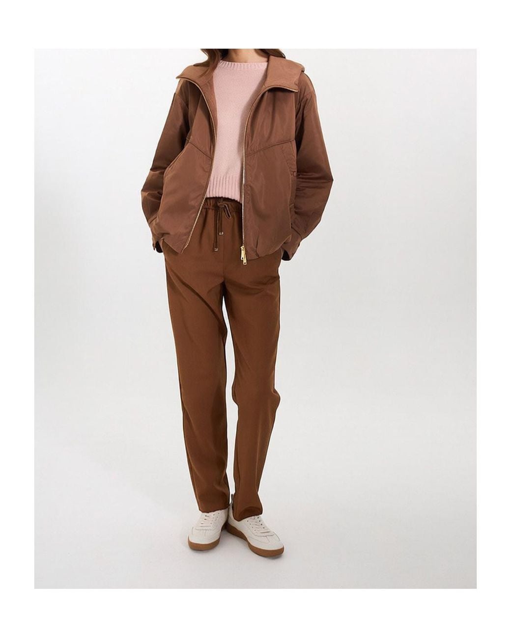 Marella Brown Zip-Up Hooded Casual Jacket