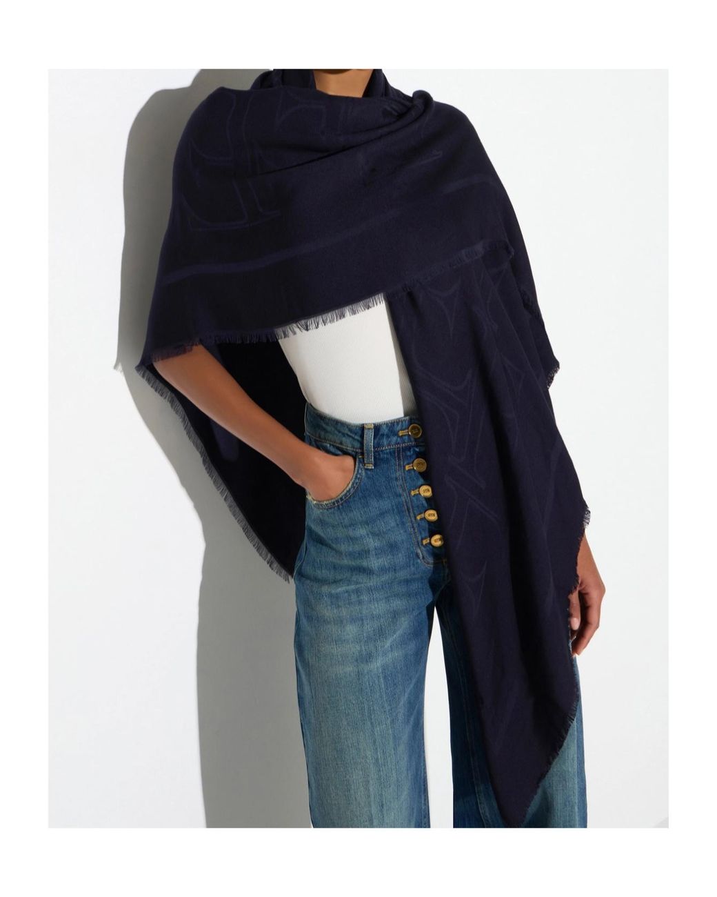 Elisabetta Franchi Blue Fringed-Edge Square Scarf