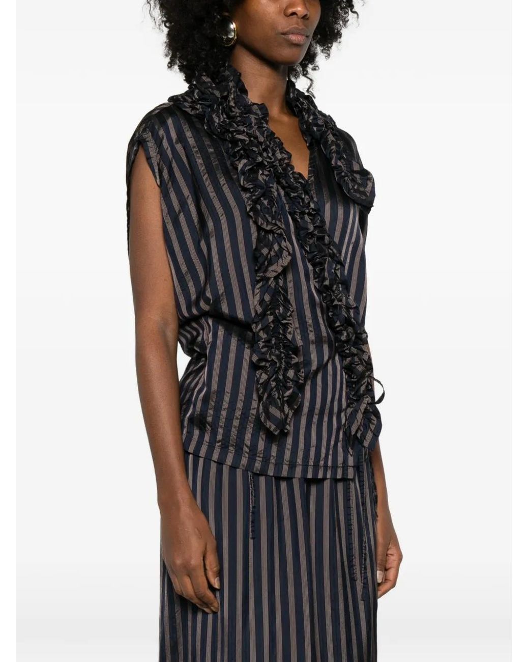 Dries Van Noten Black Striped Ruffled Top