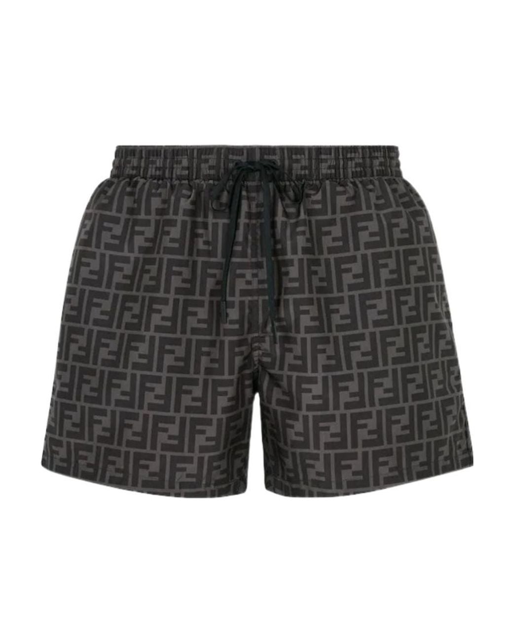 Fendi Gray Logo Detailed Drawstring Swim Shorts for men