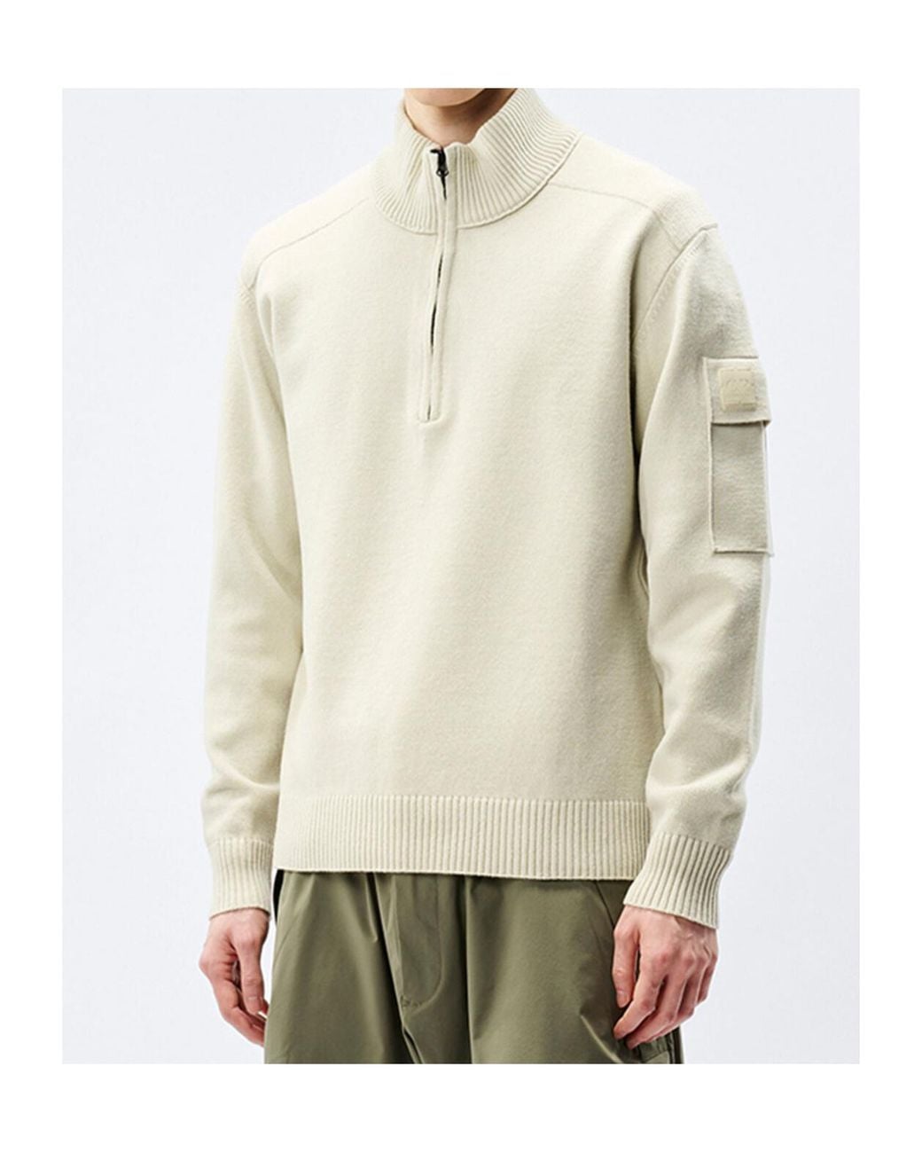 C P Company White Metropolis Series Extrafine Merino Wool Half Zip Sweater for men