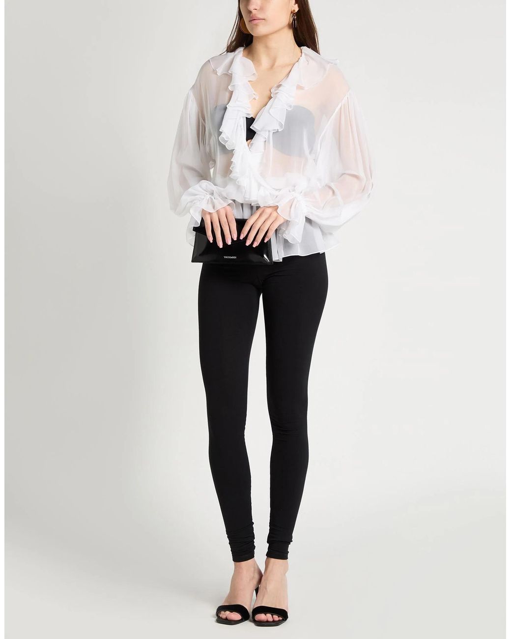 Dolce & Gabbana White Chiffon Long Sleeve Ruched Top